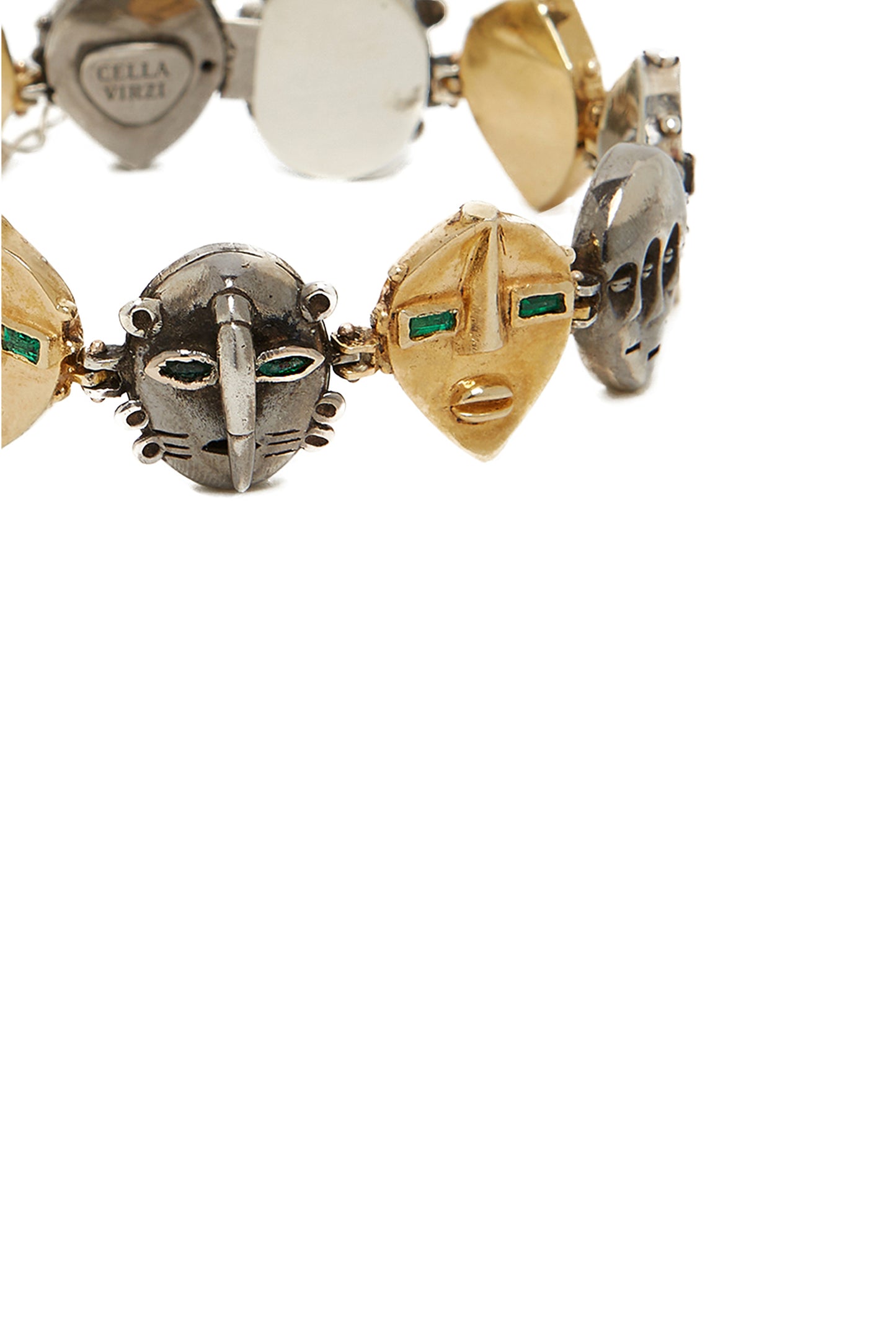PULSEIRA MÁSCARAS AFRICANAS - Prata e bronze banhado a ouro 18K com 18 esmeraldas