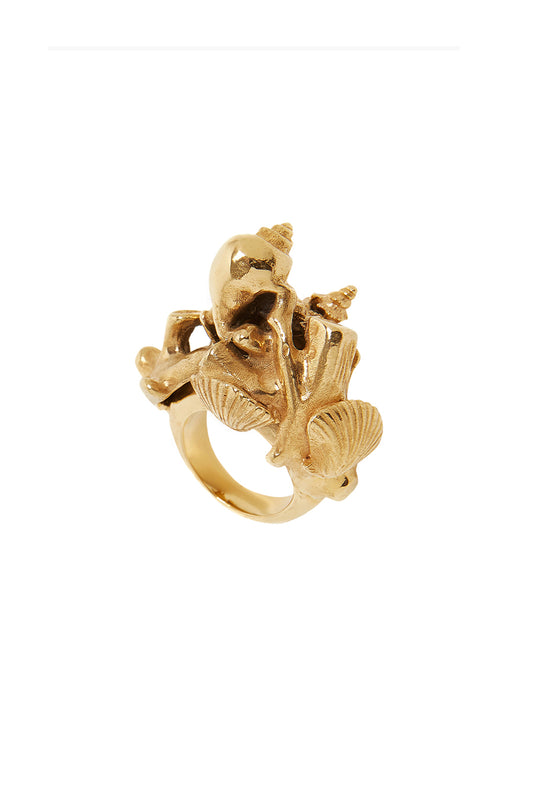 ANEL CORAIS E CONCHAS SURREALISTA - Bronze banhado a ouro 18K